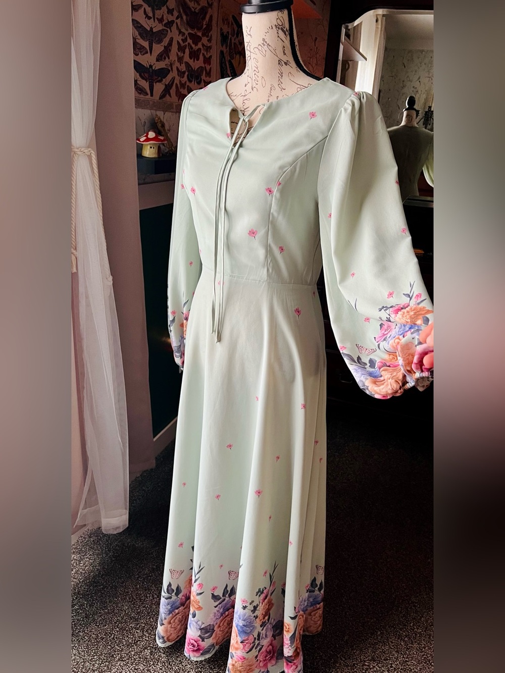 SHEIN Mint Floral Tie-Neck Maxi Dress with Puff Sleeves